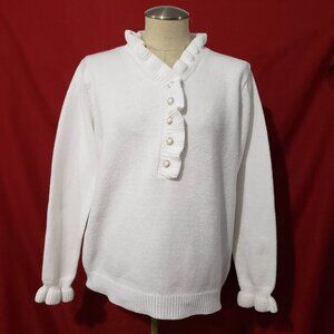 White V-Neck Sweater Ruffle Trim Pearl Buttons Sweater XXL